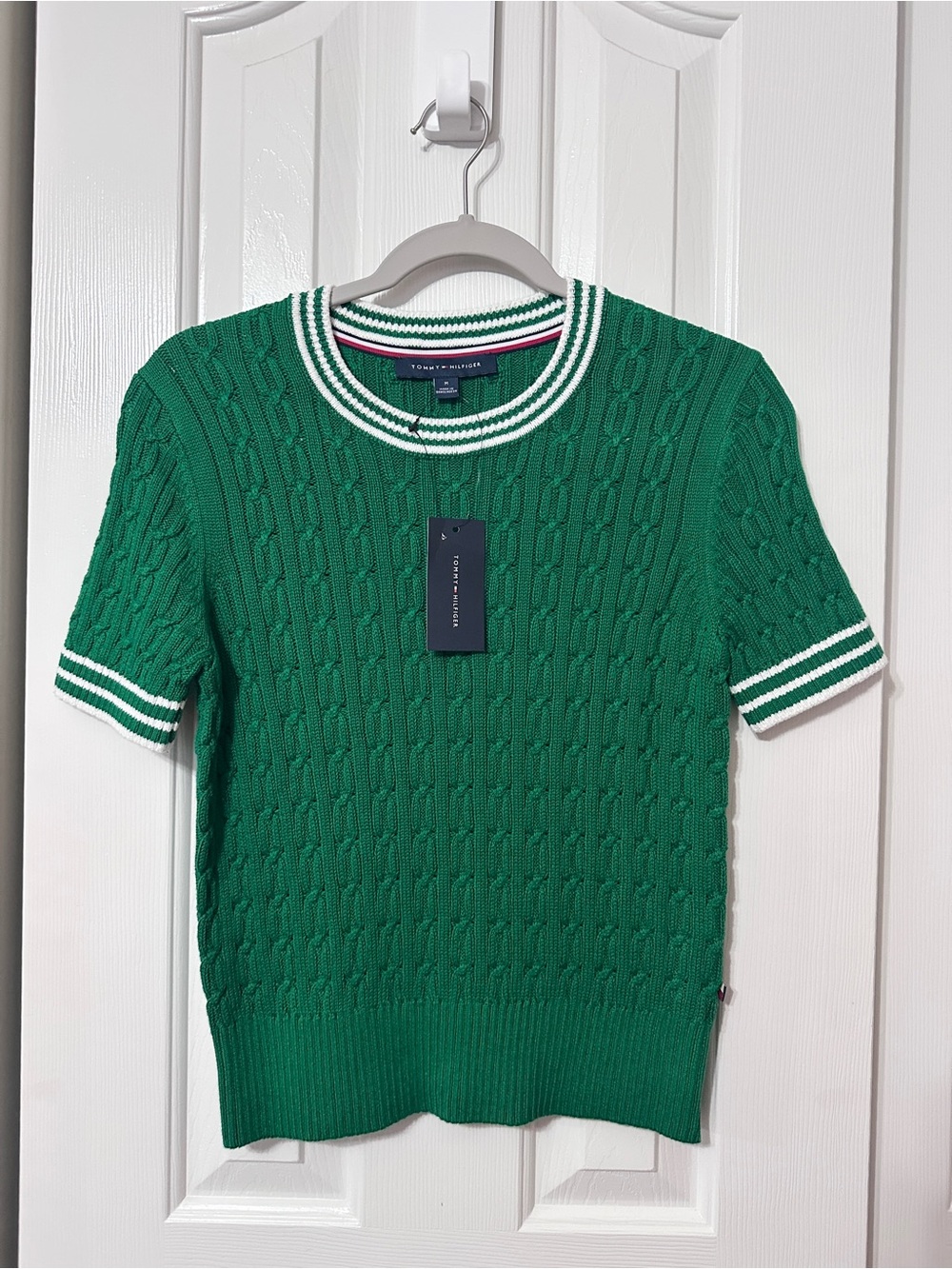 Tommy Hilfiger Emerald Green Cable-Knit Short Sleeve Sweater with White Trim